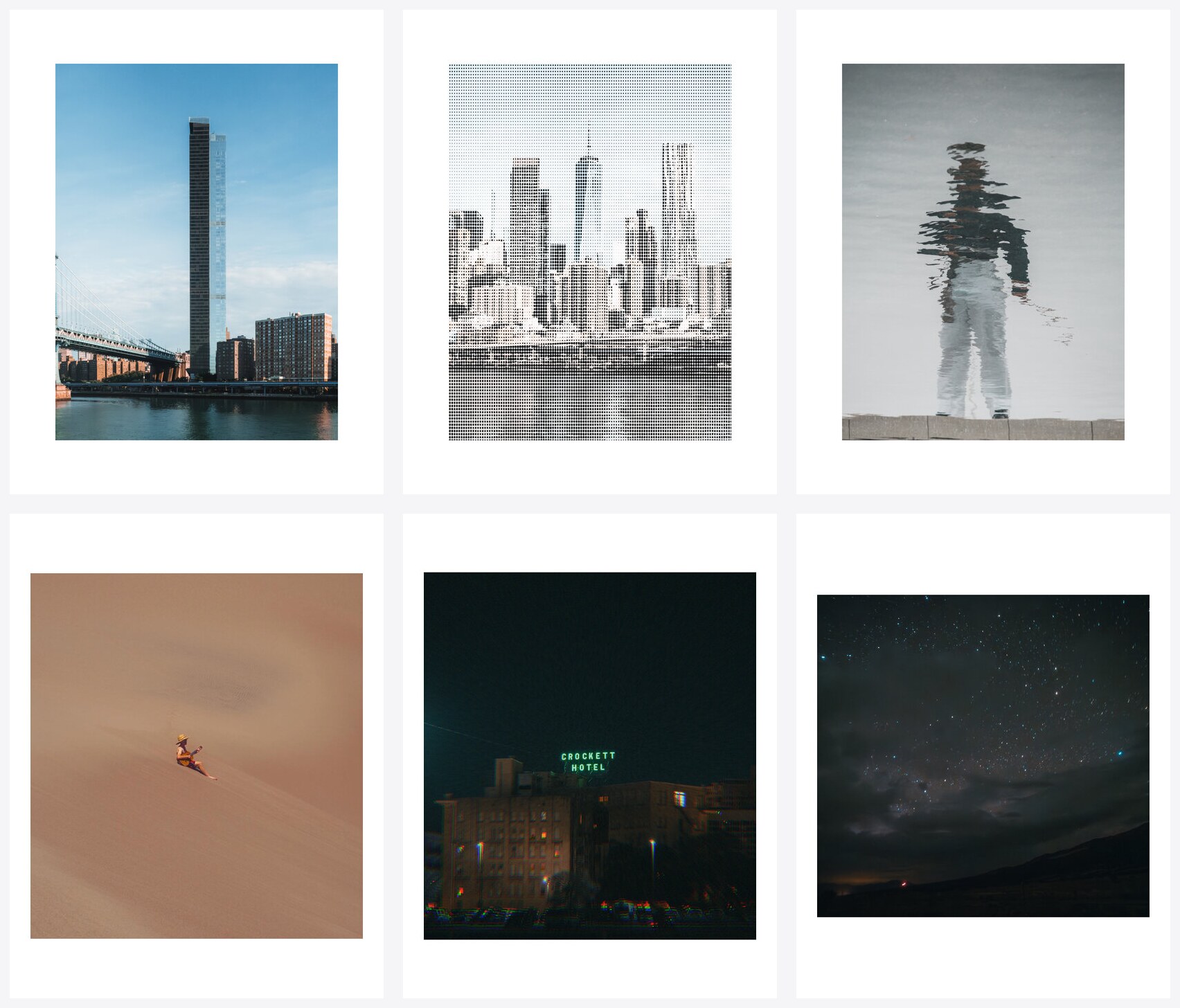 Contact sheet of six photos, each with the same white border, showing batch consistency