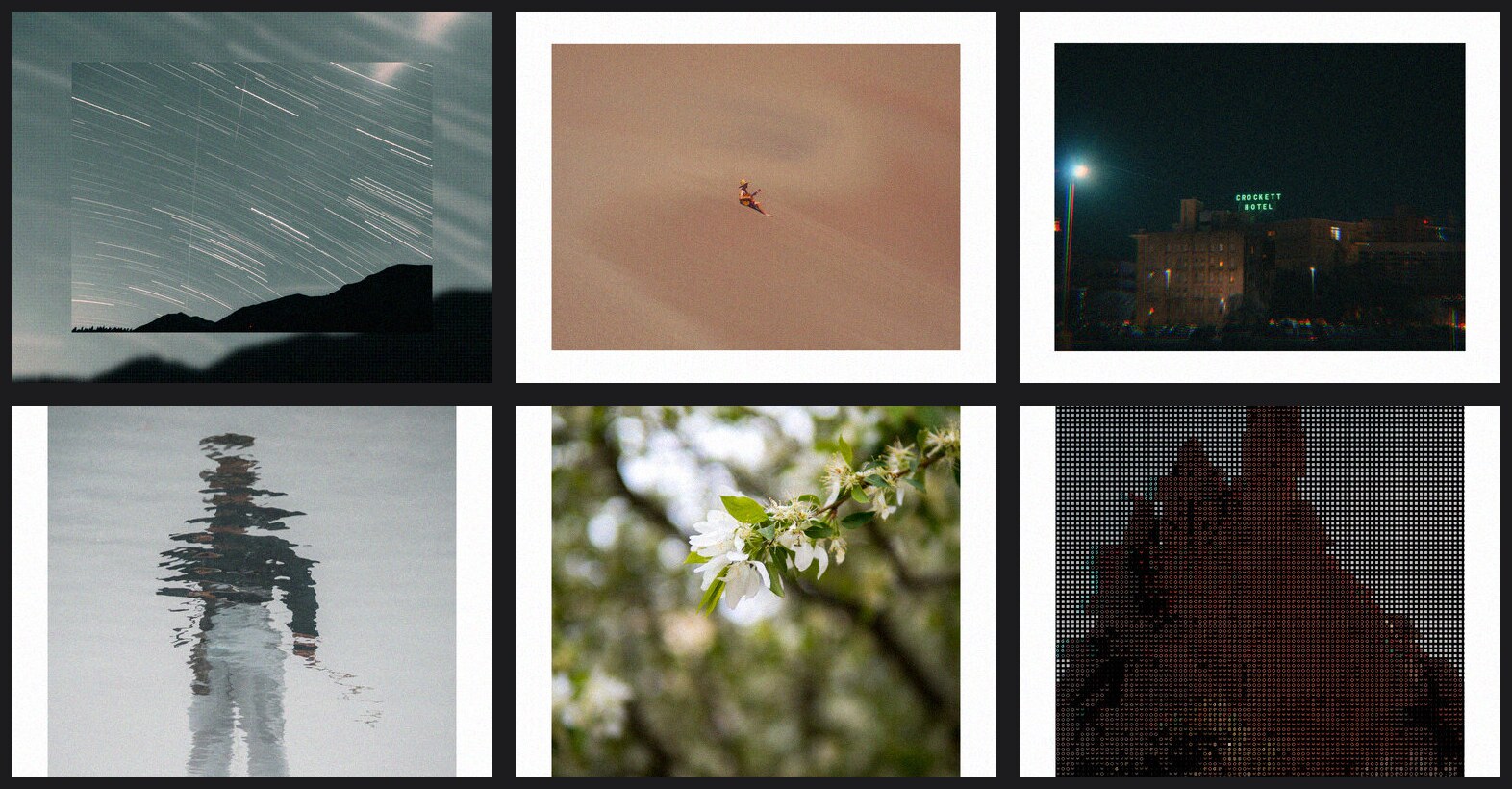 Contact sheet of six photos each with the same film grain applied