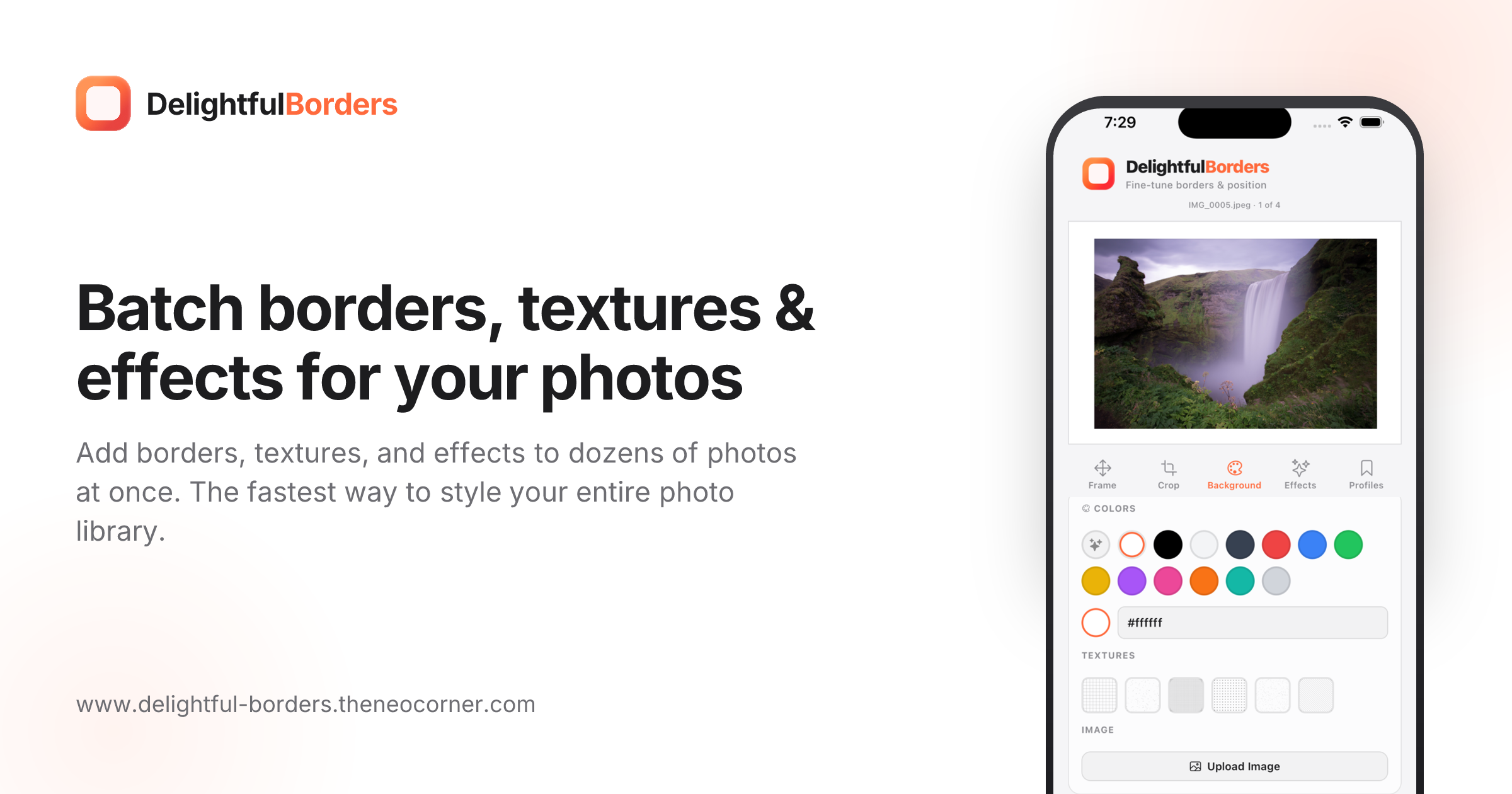 DelightfulBorders, batch photo styling iOS app, prerelease logo